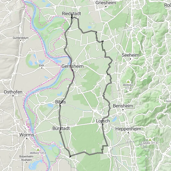 Map miniature of "South Hessen Sampler" cycling inspiration in Darmstadt, Germany. Generated by Tarmacs.app cycling route planner