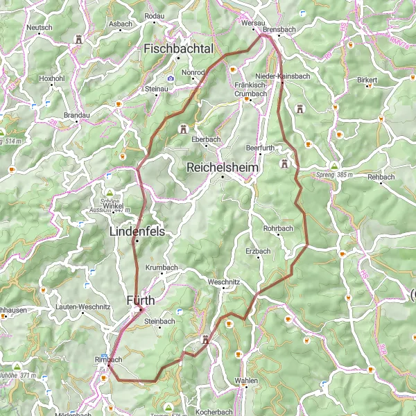 Map miniature of "The Lindenfels Gravel Loop" cycling inspiration in Darmstadt, Germany. Generated by Tarmacs.app cycling route planner