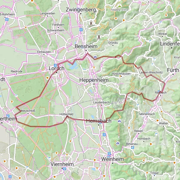 Map miniature of "The Rimbach Gravel Tour" cycling inspiration in Darmstadt, Germany. Generated by Tarmacs.app cycling route planner