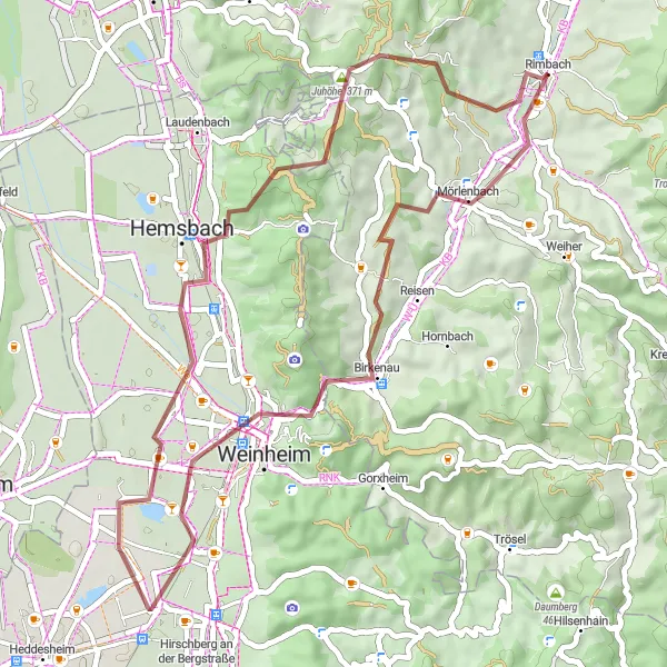 Map miniature of "Weinheim Explorer" cycling inspiration in Darmstadt, Germany. Generated by Tarmacs.app cycling route planner