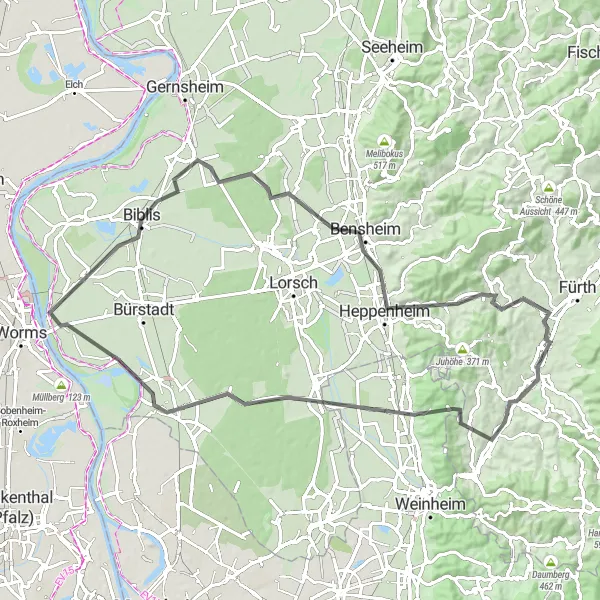 Map miniature of "The Mörlenbach Adventure" cycling inspiration in Darmstadt, Germany. Generated by Tarmacs.app cycling route planner