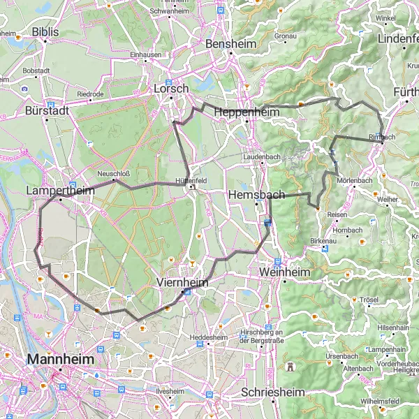 Map miniature of "Ober-Liebersbach Loop" cycling inspiration in Darmstadt, Germany. Generated by Tarmacs.app cycling route planner