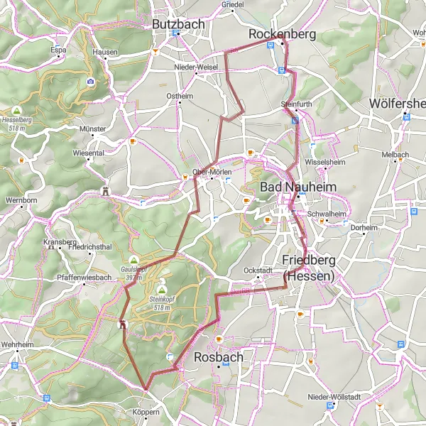 Map miniature of "Scenic Gravel Ride to Bad Nauheim and Ober-Mörlen" cycling inspiration in Darmstadt, Germany. Generated by Tarmacs.app cycling route planner