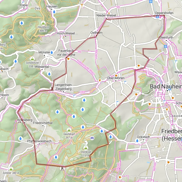 Map miniature of "Gravel Excursion to Schloss Kransberg and Ostheim" cycling inspiration in Darmstadt, Germany. Generated by Tarmacs.app cycling route planner