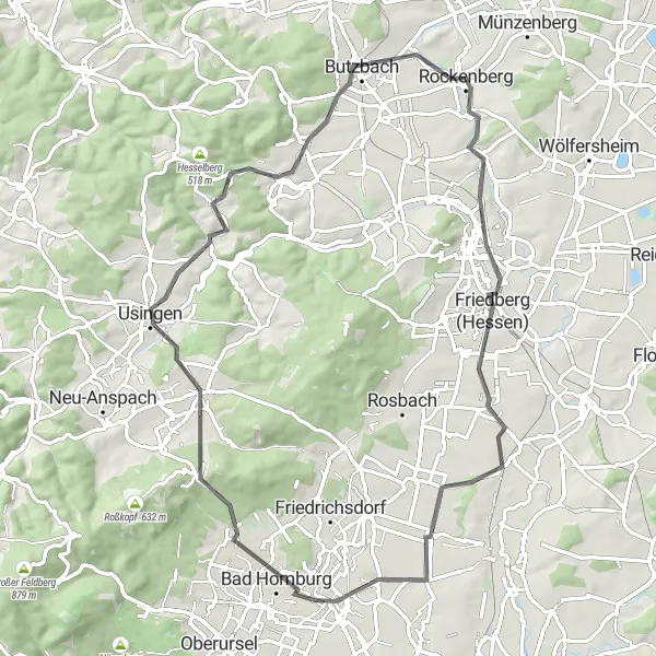 Map miniature of "Bad Nauheim and Beyond" cycling inspiration in Darmstadt, Germany. Generated by Tarmacs.app cycling route planner