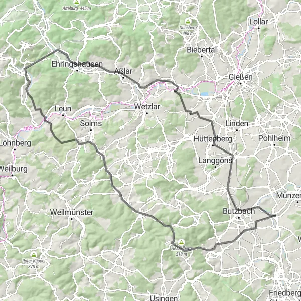 Map miniature of "Scenic Tour through Rockenberg and Surrounding Areas" cycling inspiration in Darmstadt, Germany. Generated by Tarmacs.app cycling route planner