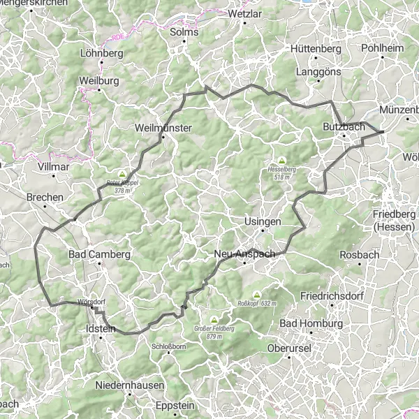 Map miniature of "The Hessian Highlands Road Challenge" cycling inspiration in Darmstadt, Germany. Generated by Tarmacs.app cycling route planner