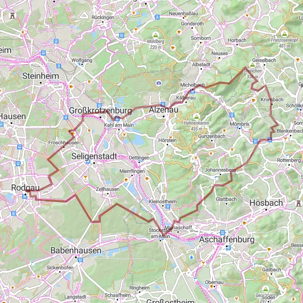 Map miniature of "Gravel Adventure Loop from Rodgau" cycling inspiration in Darmstadt, Germany. Generated by Tarmacs.app cycling route planner