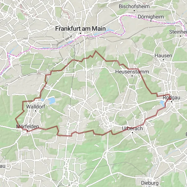 Map miniature of "Gravel Adventure" cycling inspiration in Darmstadt, Germany. Generated by Tarmacs.app cycling route planner