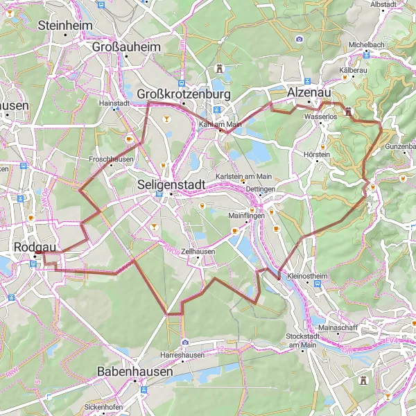 Map miniature of "Rodgau - Alzenau - Rodgau Gravel Loop" cycling inspiration in Darmstadt, Germany. Generated by Tarmacs.app cycling route planner