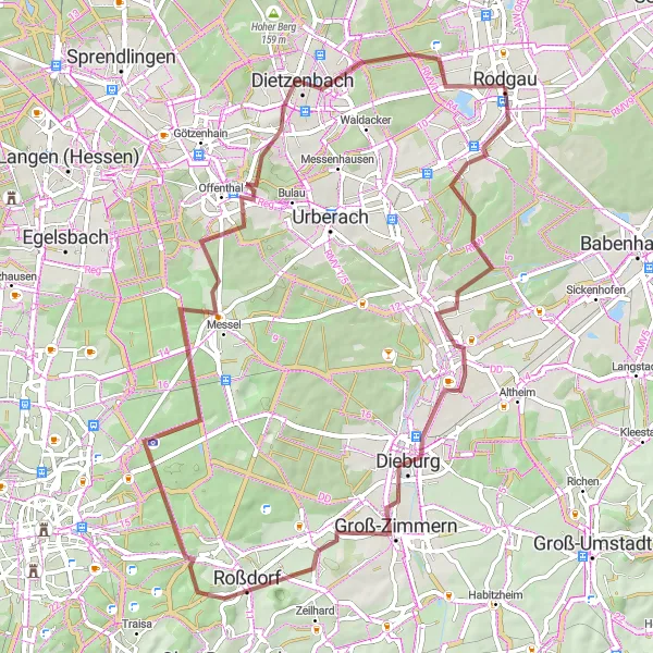 Map miniature of "Rodgau - Dieburg - Rodgau Gravel Loop" cycling inspiration in Darmstadt, Germany. Generated by Tarmacs.app cycling route planner