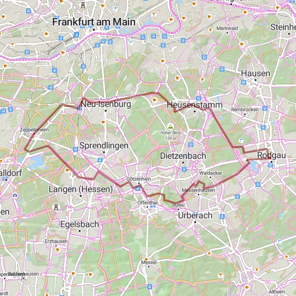 Map miniature of "Rodgau - Langen - Rodgau Gravel Loop" cycling inspiration in Darmstadt, Germany. Generated by Tarmacs.app cycling route planner