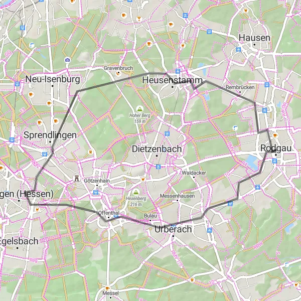 Map miniature of "Scenic Road Circuit from Rodgau" cycling inspiration in Darmstadt, Germany. Generated by Tarmacs.app cycling route planner