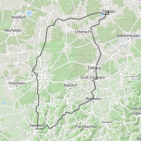 Map miniature of "Rodgau Loop" cycling inspiration in Darmstadt, Germany. Generated by Tarmacs.app cycling route planner
