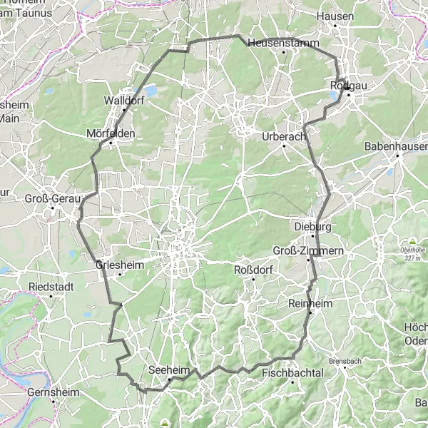 Map miniature of "Rodgau - Mörfelden - Rodgau Loop" cycling inspiration in Darmstadt, Germany. Generated by Tarmacs.app cycling route planner