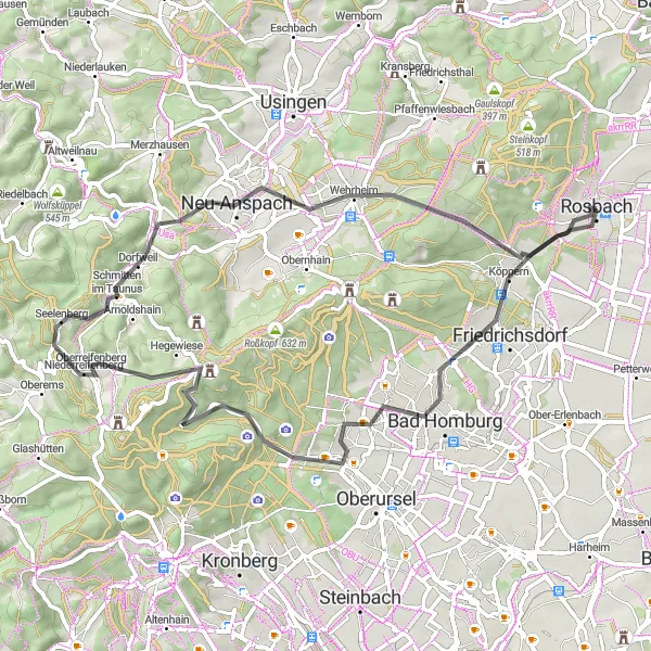Map miniature of "The Friedrichsdorf Loop" cycling inspiration in Darmstadt, Germany. Generated by Tarmacs.app cycling route planner