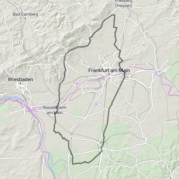 Map miniature of "The Grand Taunus Tour" cycling inspiration in Darmstadt, Germany. Generated by Tarmacs.app cycling route planner