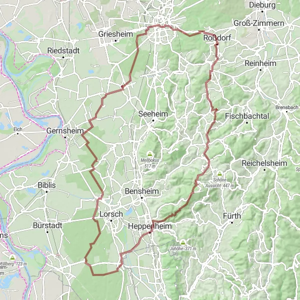 Map miniature of "Rossdorf Gravel Adventure" cycling inspiration in Darmstadt, Germany. Generated by Tarmacs.app cycling route planner