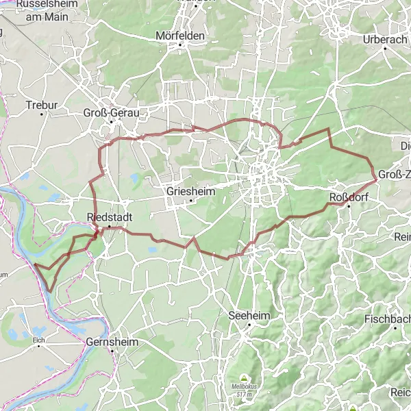 Map miniature of "Discover Rossdorf's Countryside" cycling inspiration in Darmstadt, Germany. Generated by Tarmacs.app cycling route planner