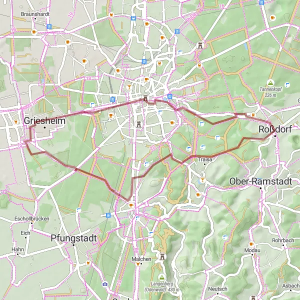 Map miniature of "Rossdorf Sunset Ride" cycling inspiration in Darmstadt, Germany. Generated by Tarmacs.app cycling route planner