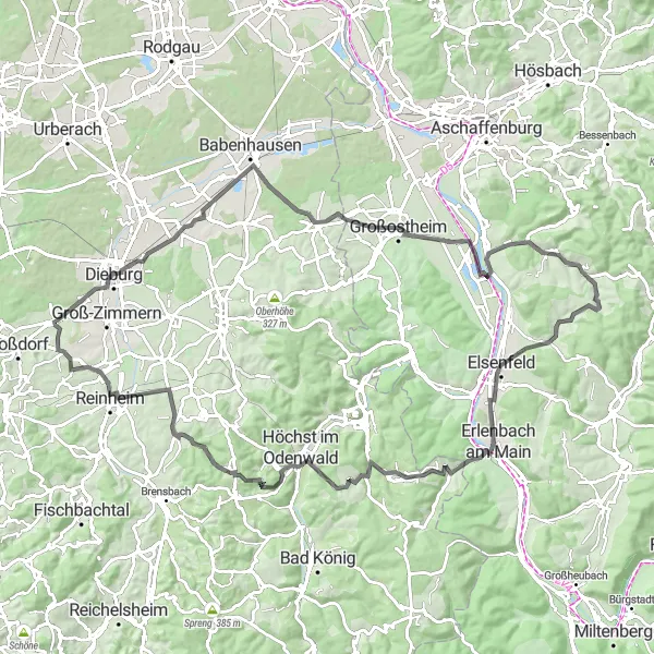 Karten-Miniaturansicht der Radinspiration "Die Dieburg-Elsenfeld Runde" in Darmstadt, Germany. Erstellt vom Tarmacs.app-Routenplaner für Radtouren