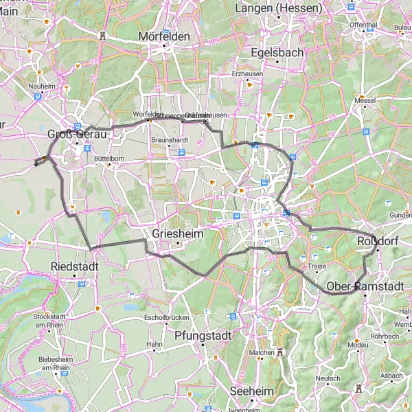 Karten-Miniaturansicht der Radinspiration "Die Nieder-Ramstadt-Wolfskehlen Runde" in Darmstadt, Germany. Erstellt vom Tarmacs.app-Routenplaner für Radtouren