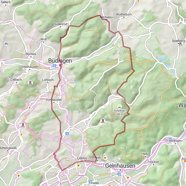 Map miniature of "Gravel Delight" cycling inspiration in Darmstadt, Germany. Generated by Tarmacs.app cycling route planner