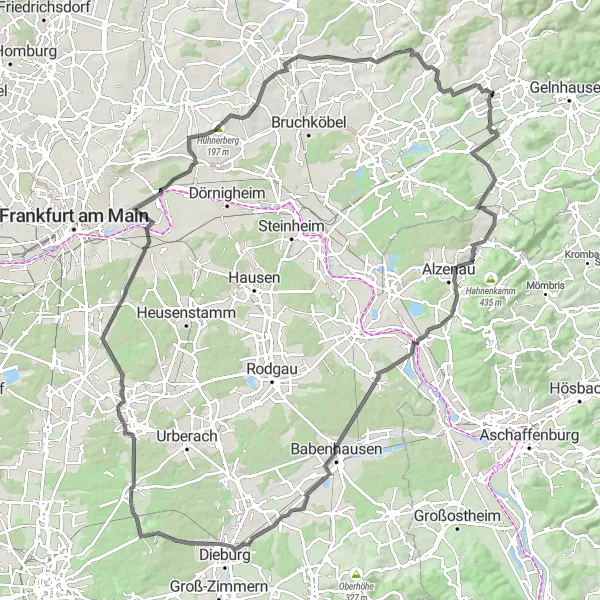 Map miniature of "Hill Country Escape" cycling inspiration in Darmstadt, Germany. Generated by Tarmacs.app cycling route planner