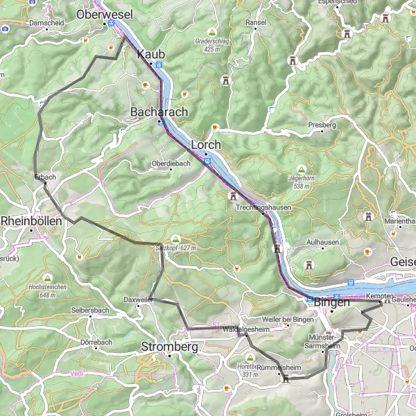 Map miniature of "The Royal Tower and Rhein Gorge" cycling inspiration in Darmstadt, Germany. Generated by Tarmacs.app cycling route planner