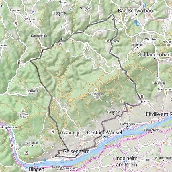 Karten-Miniaturansicht der Radinspiration "Rüdesheim am Rhein - Boxberg Rundkurs" in Darmstadt, Germany. Erstellt vom Tarmacs.app-Routenplaner für Radtouren