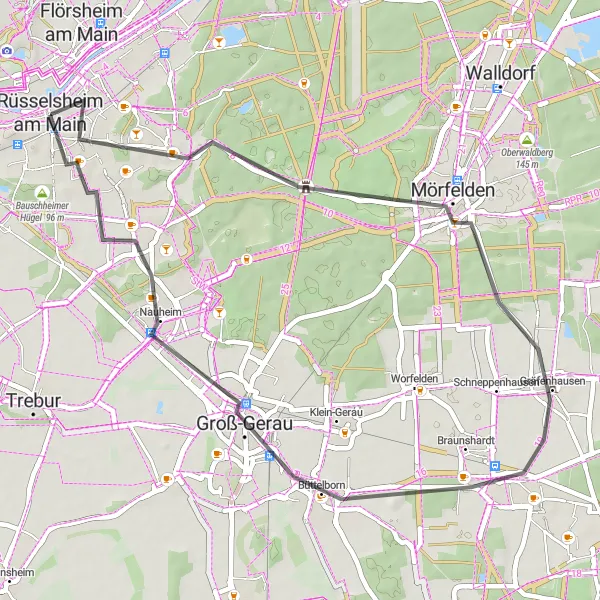 Map miniature of "Rüsselsheim Loop with Festung Rüsselsheim and More" cycling inspiration in Darmstadt, Germany. Generated by Tarmacs.app cycling route planner