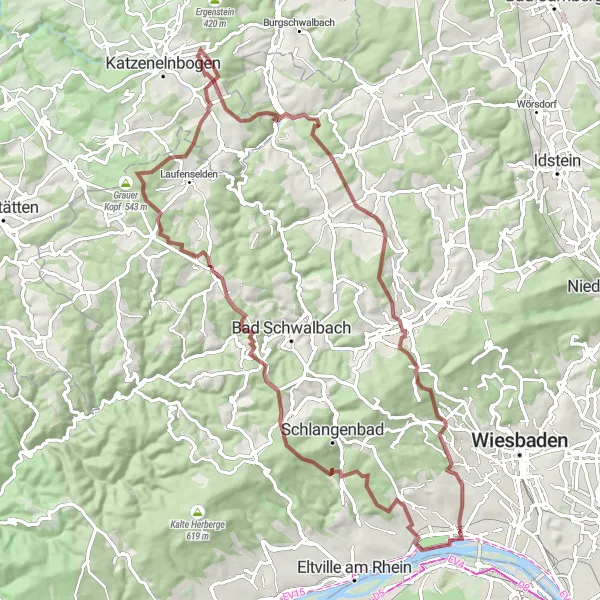 Map miniature of "Ruine Johanniskirche and Dreibornsköpfe Gravel Route" cycling inspiration in Darmstadt, Germany. Generated by Tarmacs.app cycling route planner