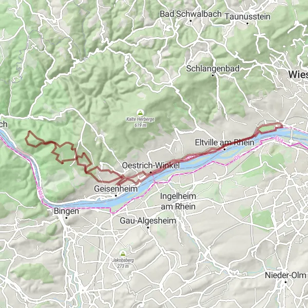 Map miniature of "Oestricher Kran and Auenaussichtsturm Gravel Route" cycling inspiration in Darmstadt, Germany. Generated by Tarmacs.app cycling route planner