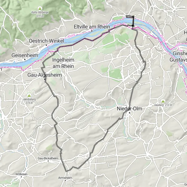 Map miniature of "Wandering through Vineyards: Klein-Winternheim to Schierstein" cycling inspiration in Darmstadt, Germany. Generated by Tarmacs.app cycling route planner