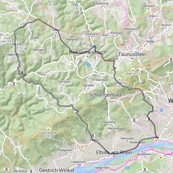 Map miniature of "Challenging Hillclimb: Eltville am Rhein to Steinkopf" cycling inspiration in Darmstadt, Germany. Generated by Tarmacs.app cycling route planner