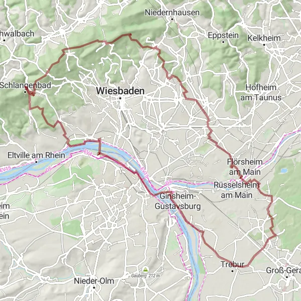 Map miniature of "Gravel Adventure: Exploring the Taunus Forest near Schlangenbad" cycling inspiration in Darmstadt, Germany. Generated by Tarmacs.app cycling route planner