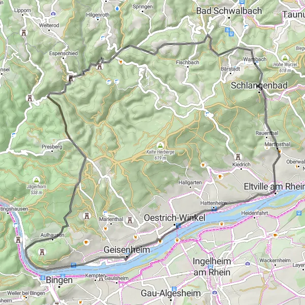 Map miniature of "The Tour of Wilhelmsfelsen and Ancient Ruins" cycling inspiration in Darmstadt, Germany. Generated by Tarmacs.app cycling route planner