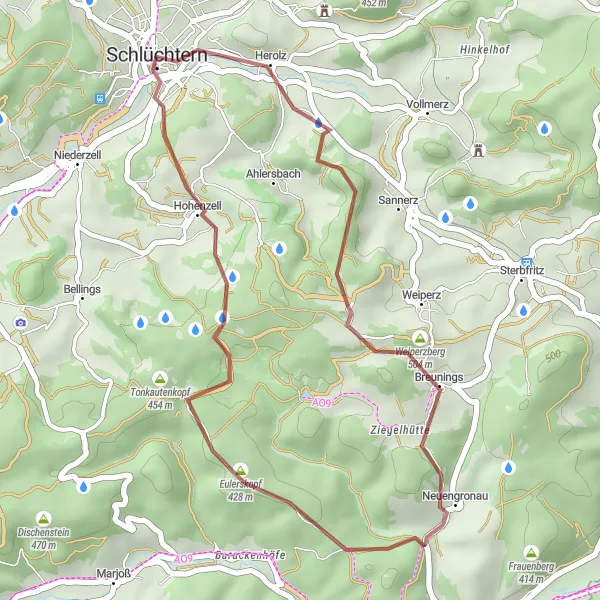 Map miniature of "Gravel Loop from Schlüchtern" cycling inspiration in Darmstadt, Germany. Generated by Tarmacs.app cycling route planner