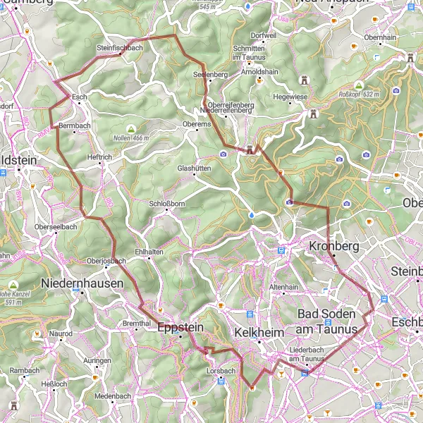 Map miniature of "Gravel Ride in the Taunus Mountains" cycling inspiration in Darmstadt, Germany. Generated by Tarmacs.app cycling route planner