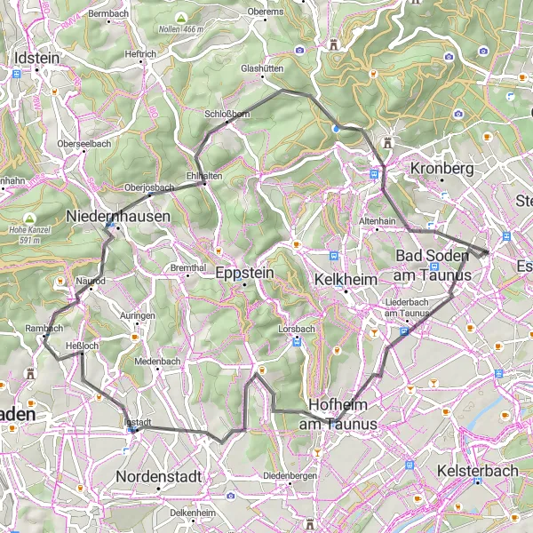 Map miniature of "Challenging Road Cycling Circuit: Wasserturm to Königstein im Taunus" cycling inspiration in Darmstadt, Germany. Generated by Tarmacs.app cycling route planner