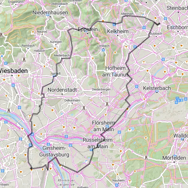 Map miniature of "The Scenic Road Cycling Loop: Hattersheim to Neuenhain" cycling inspiration in Darmstadt, Germany. Generated by Tarmacs.app cycling route planner
