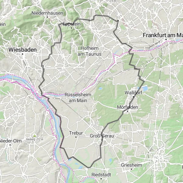 Map miniature of "Main River Cycling Adventure" cycling inspiration in Darmstadt, Germany. Generated by Tarmacs.app cycling route planner