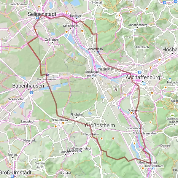 Map miniature of "Charming Gravel Circuit Around Seligenstadt" cycling inspiration in Darmstadt, Germany. Generated by Tarmacs.app cycling route planner