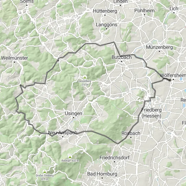 Map miniature of "Södel-Bad Nauheim-Butzbach Loop" cycling inspiration in Darmstadt, Germany. Generated by Tarmacs.app cycling route planner