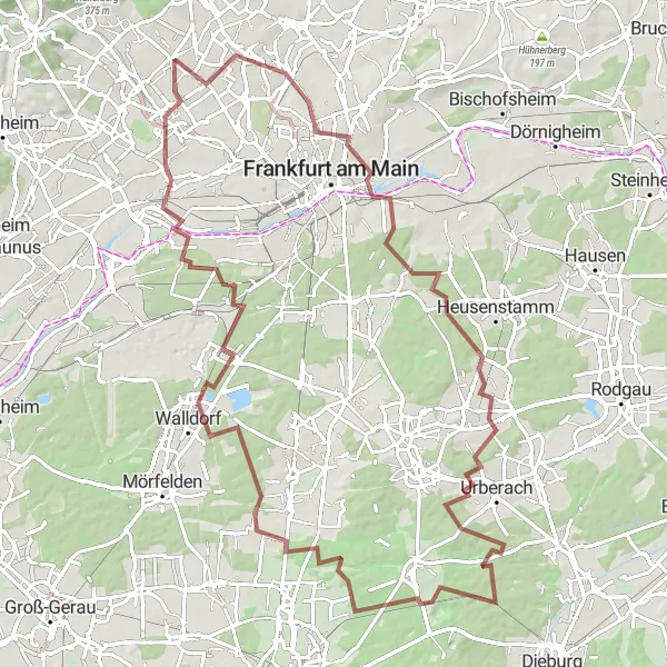 Map miniature of "The Taunus Gravel Adventure" cycling inspiration in Darmstadt, Germany. Generated by Tarmacs.app cycling route planner