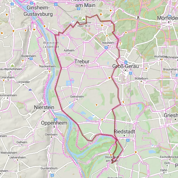 Map miniature of "Gravel Tour around Stockstadt" cycling inspiration in Darmstadt, Germany. Generated by Tarmacs.app cycling route planner
