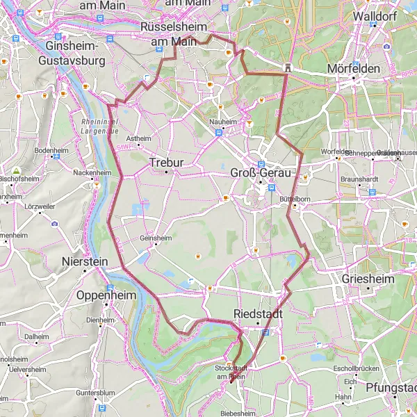 Map miniature of "Rheinland Gravel Loop" cycling inspiration in Darmstadt, Germany. Generated by Tarmacs.app cycling route planner