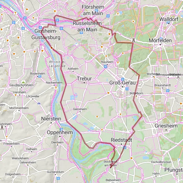 Map miniature of "Scenic Rhein Loop" cycling inspiration in Darmstadt, Germany. Generated by Tarmacs.app cycling route planner