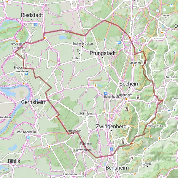 Karten-Miniaturansicht der Radinspiration "Gravel-Tour um Stockstadt am Rhein" in Darmstadt, Germany. Erstellt vom Tarmacs.app-Routenplaner für Radtouren
