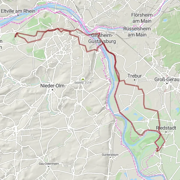 Map miniature of "Gravel Adventure from Stockstadt am Rhein to Mainz" cycling inspiration in Darmstadt, Germany. Generated by Tarmacs.app cycling route planner